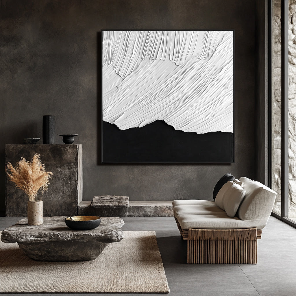 Black and white textured abstract painting with flowing white brush strokes over dark base