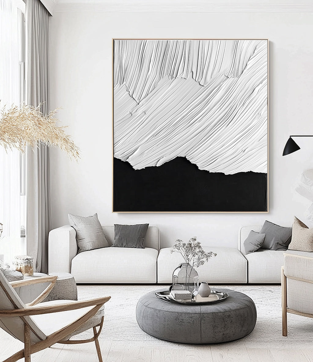 Black and white textured abstract painting with flowing white brush strokes over dark base