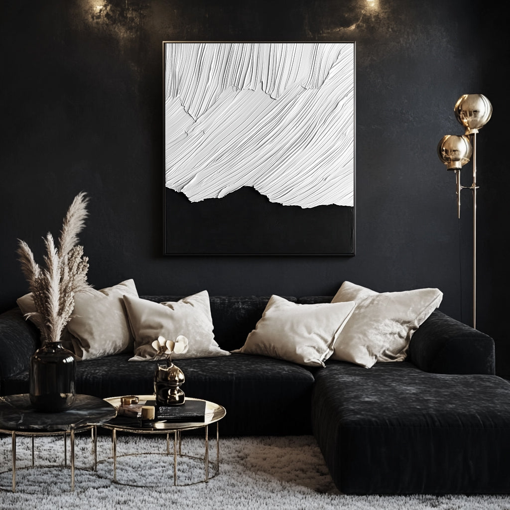 Black and white textured abstract painting with flowing white brush strokes over dark base