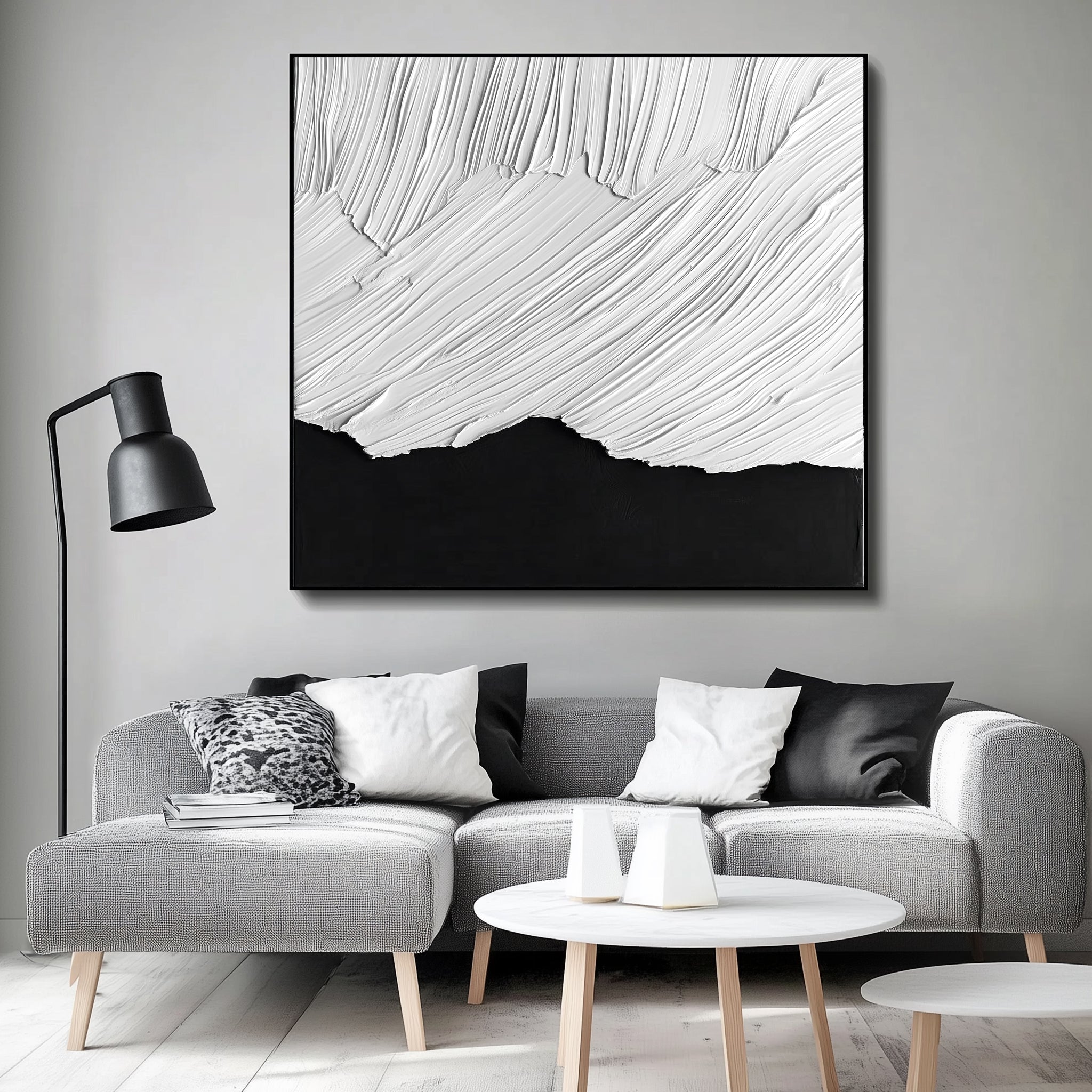 Black and white textured abstract painting with flowing white brush strokes over dark base