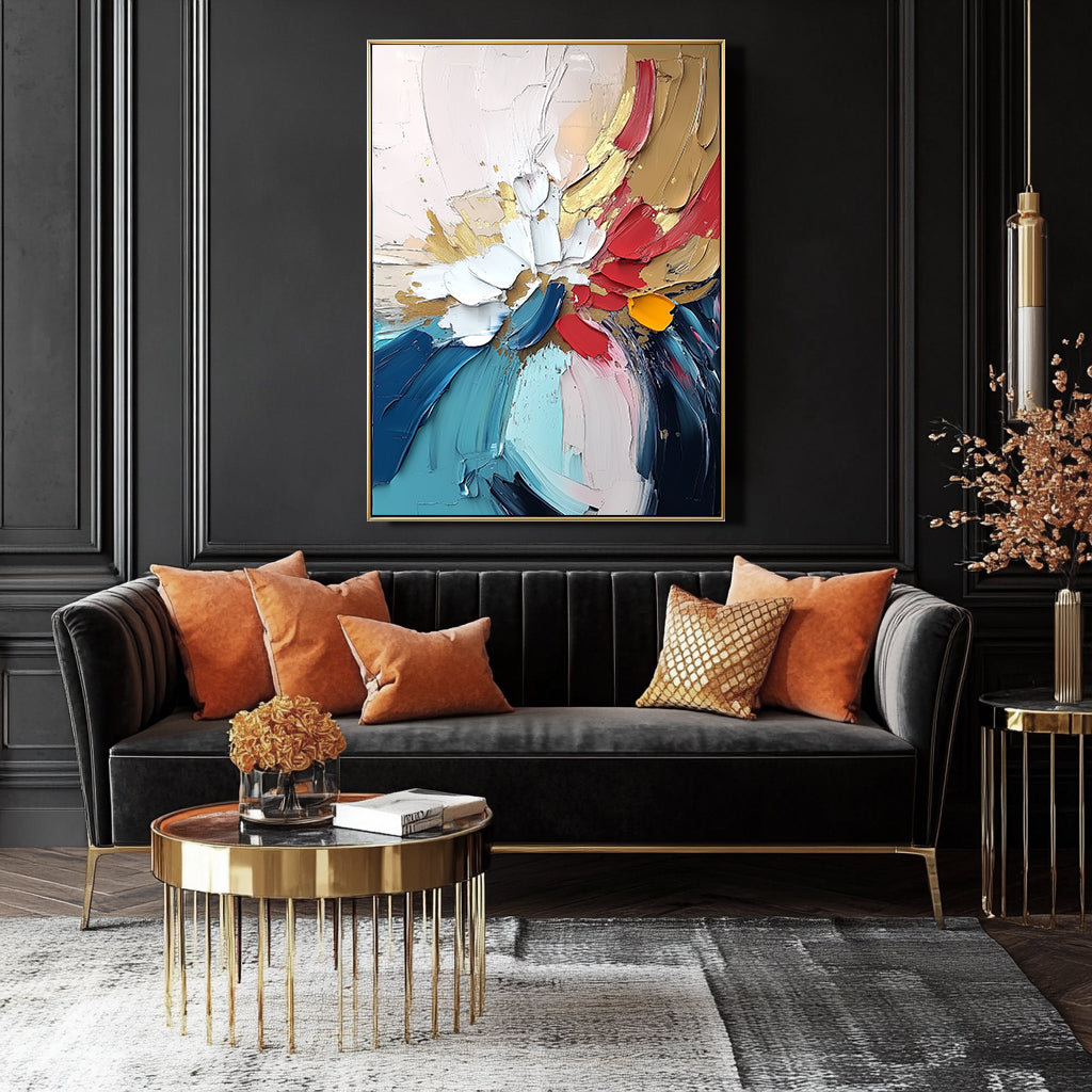 Abstract painting with bold strokes of red, gold, white, and blue, textured with thick paint