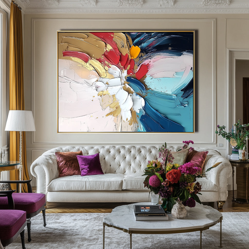 Abstract painting with bold strokes of red, gold, white, and blue, textured with thick paint
