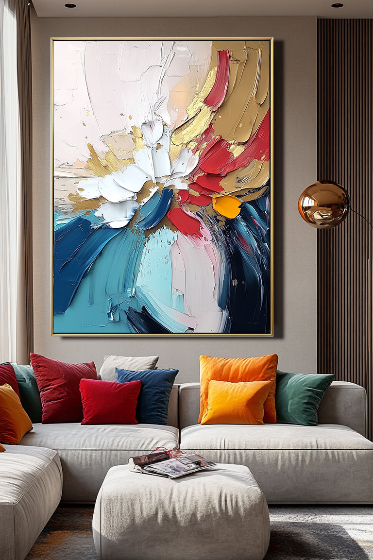 Abstract painting with bold strokes of red, gold, white, and blue, textured with thick paint