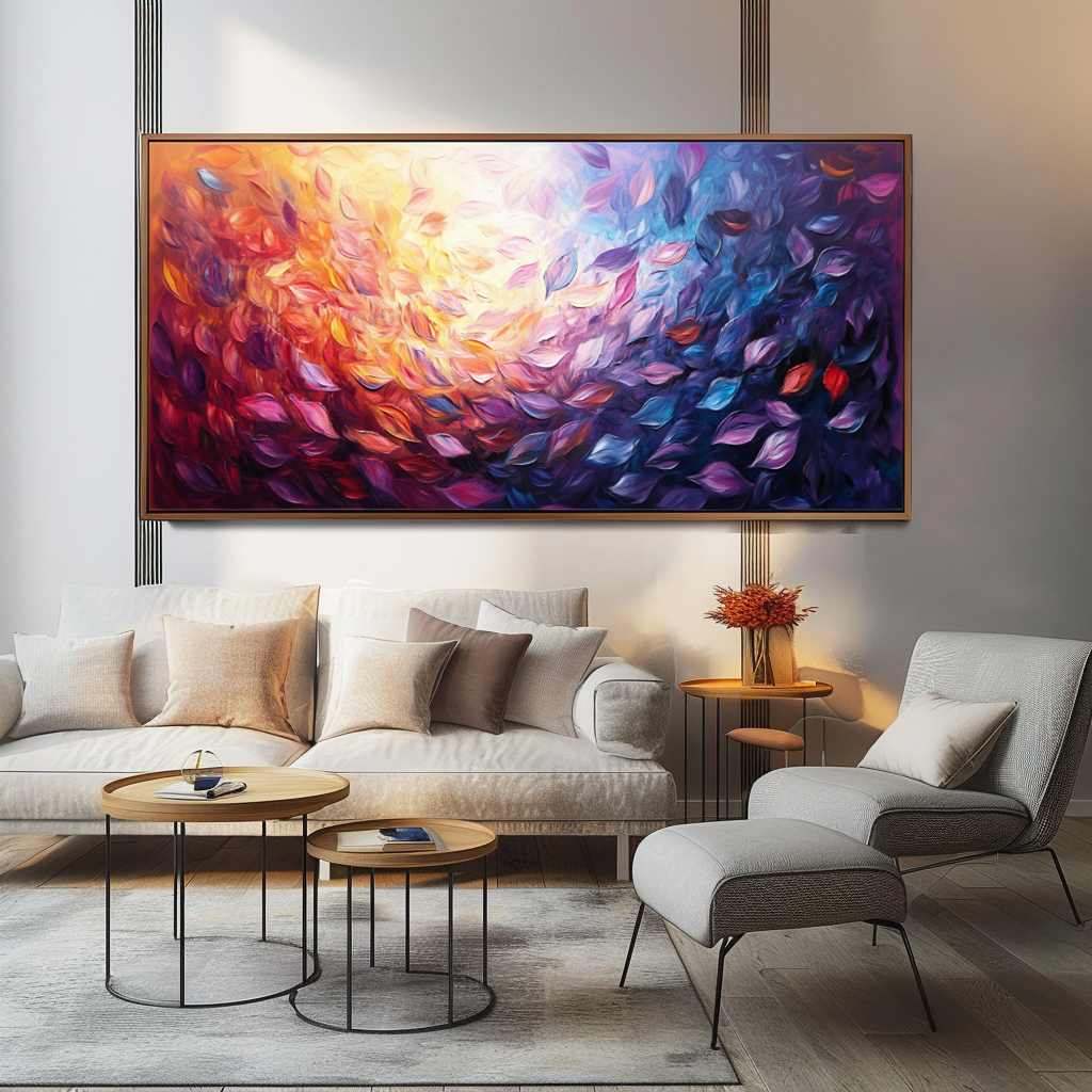 Abstract painting of swirling colorful leaves in vibrant purple, orange, and yellow tones