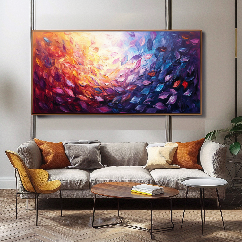 Abstract painting of swirling colorful leaves in vibrant purple, orange, and yellow tones