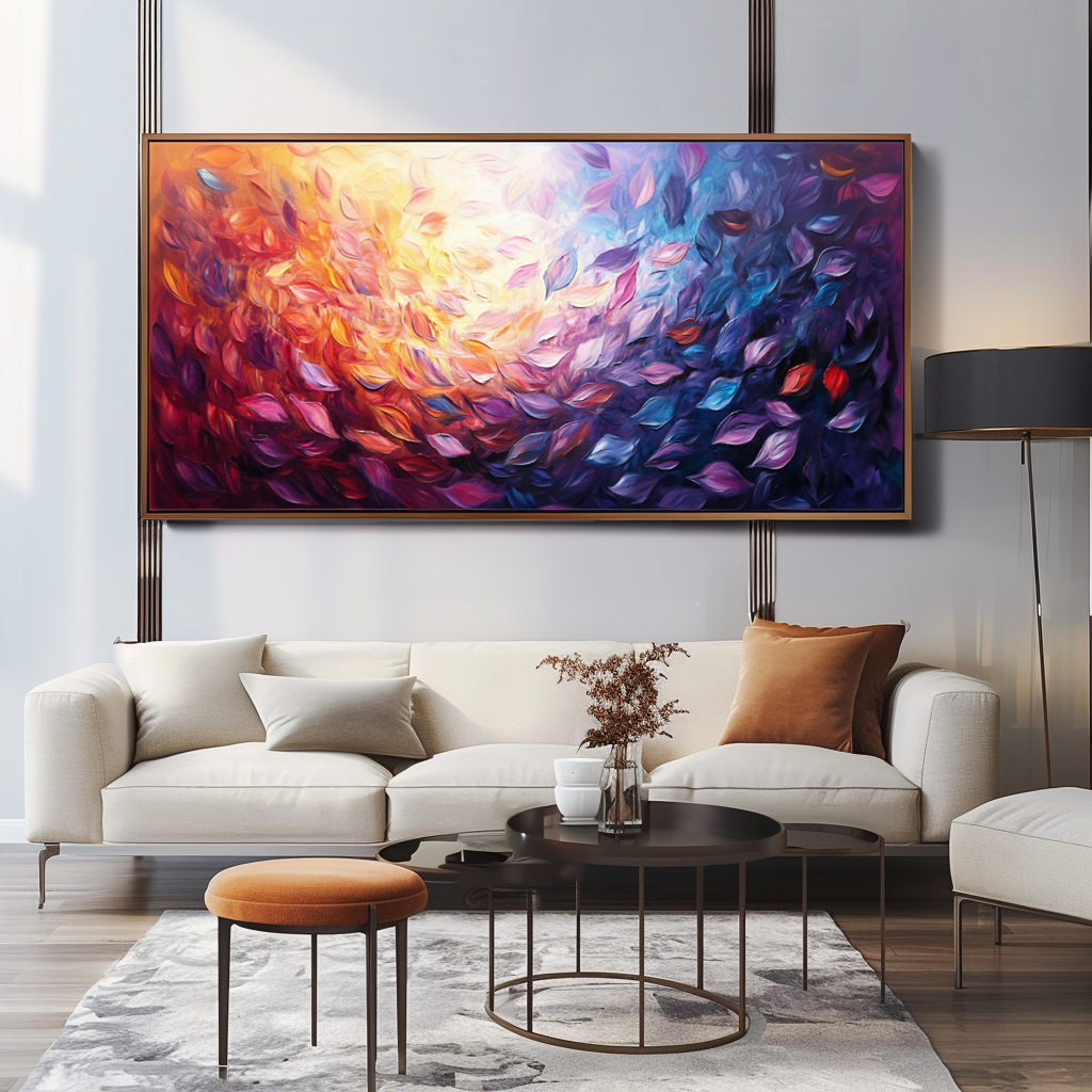 Abstract painting of swirling colorful leaves in vibrant purple, orange, and yellow tones