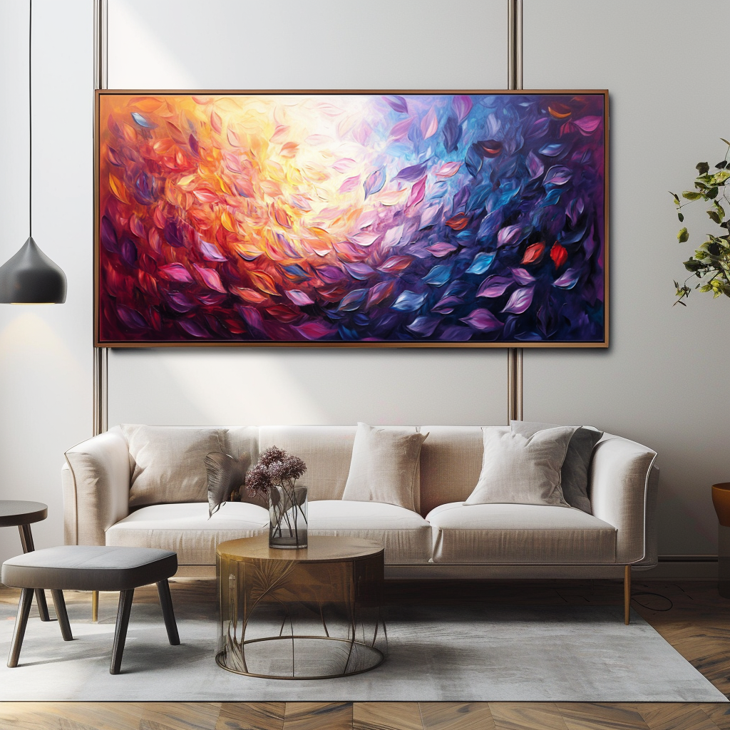 Abstract painting of swirling colorful leaves in vibrant purple, orange, and yellow tones