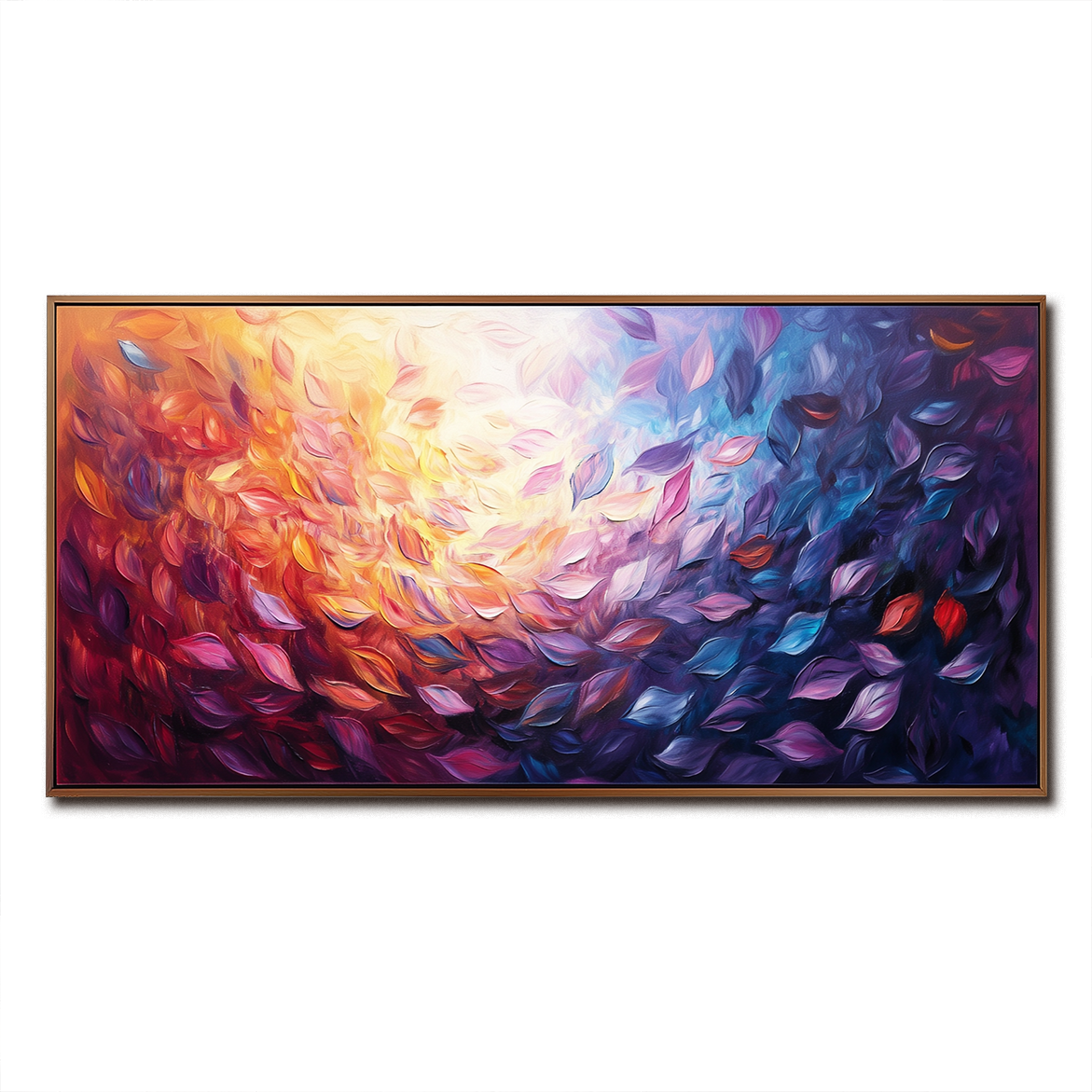 Abstract painting of swirling colorful leaves in vibrant purple, orange, and yellow tones