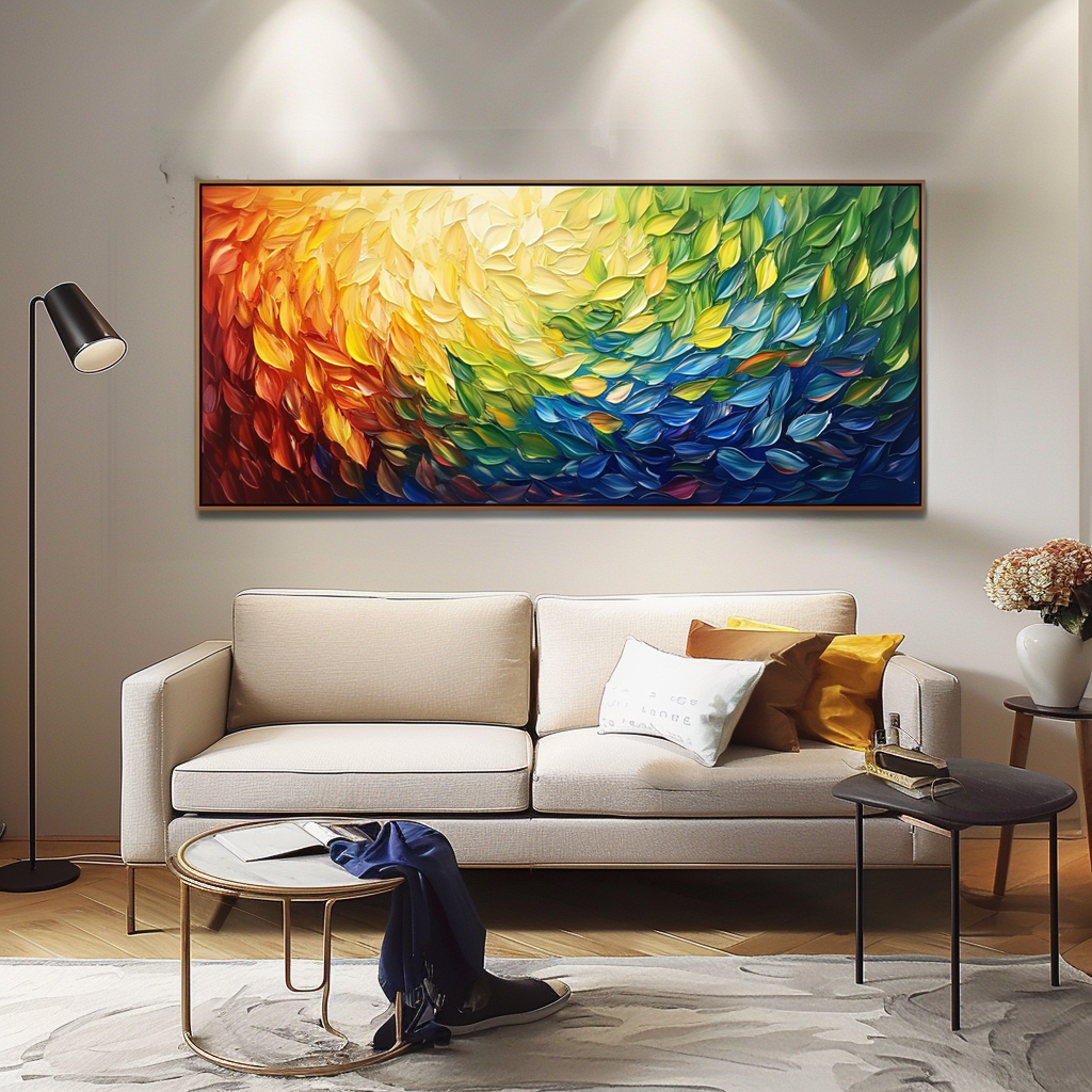 Abstract colorful painting with vibrant swirling leaves in red, orange, yellow, green, and blue