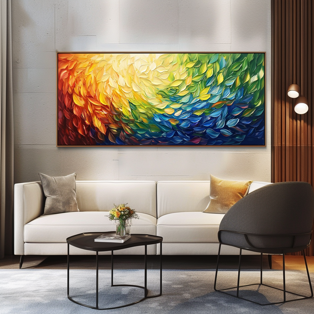 Abstract colorful painting with vibrant swirling leaves in red, orange, yellow, green, and blue