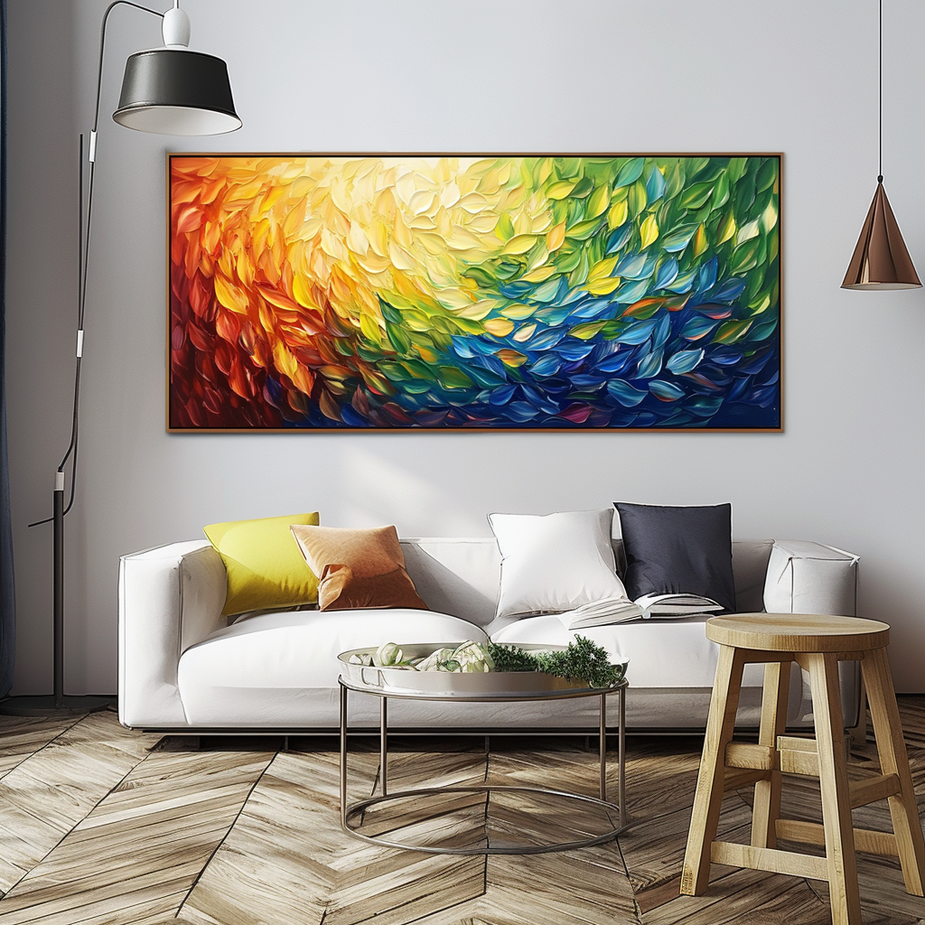 Abstract colorful painting with vibrant swirling leaves in red, orange, yellow, green, and blue