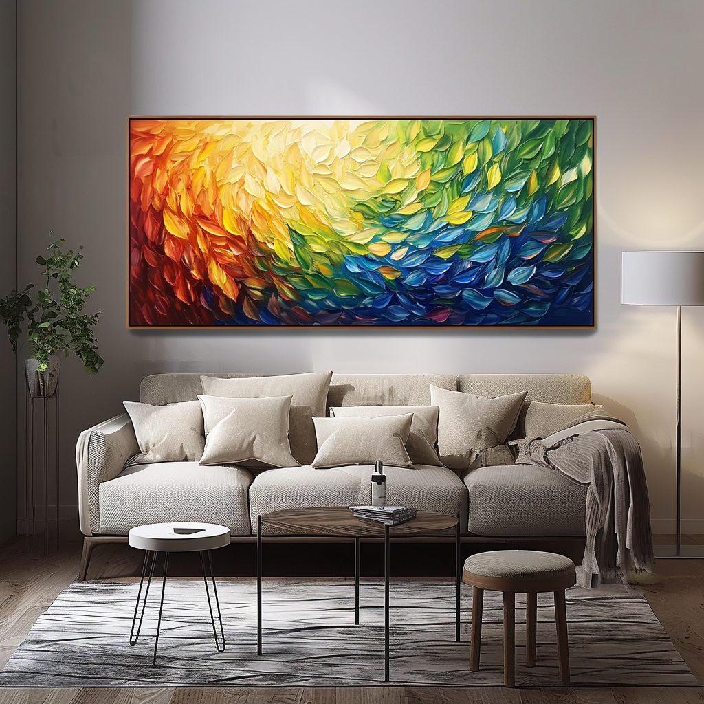 Abstract colorful painting with vibrant swirling leaves in red, orange, yellow, green, and blue