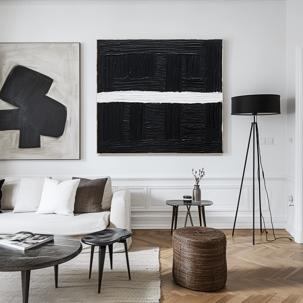 Black and white textured abstract painting with horizontal stripe and thick brush texture