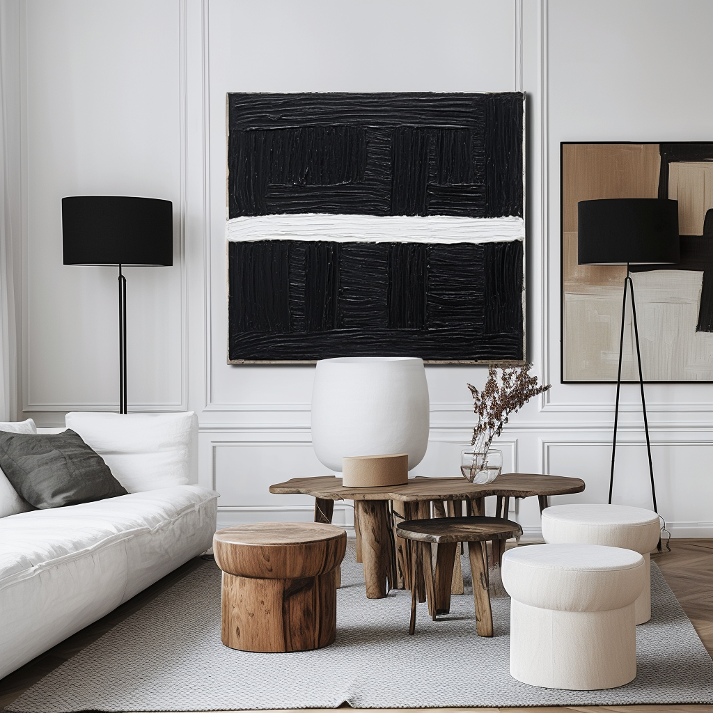 Black and white textured abstract painting with horizontal stripe and thick brush texture