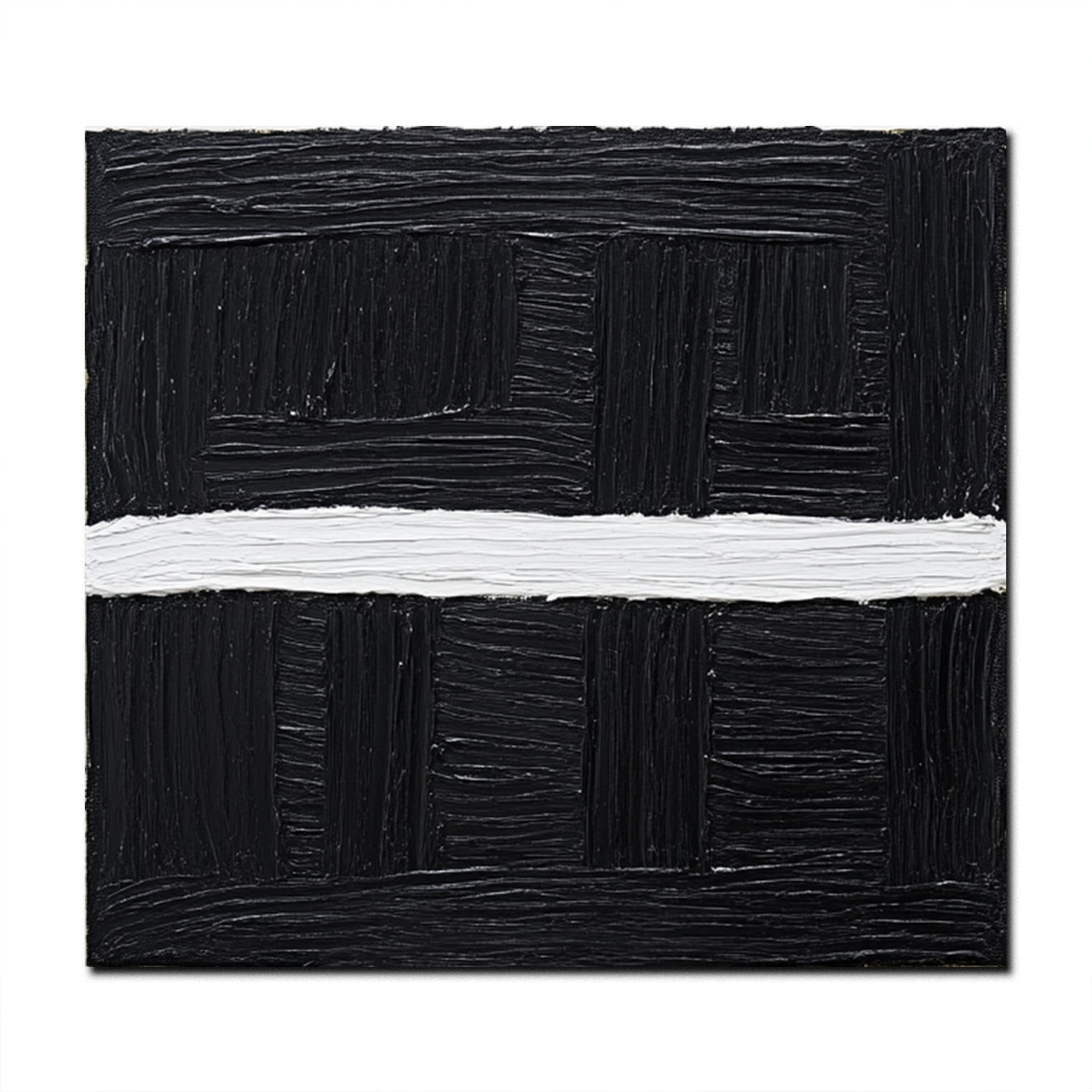 Black and white textured abstract painting with horizontal stripe and thick brush texture
