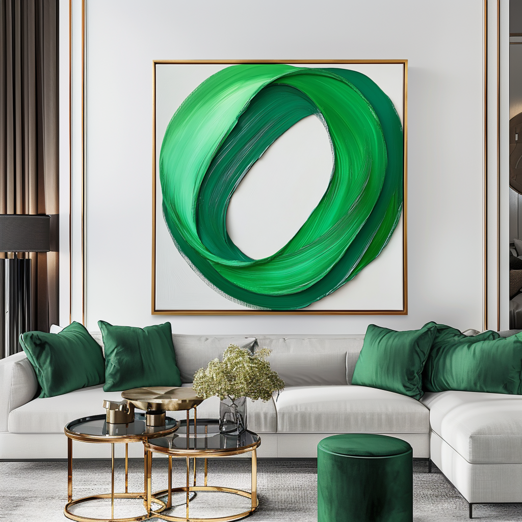 Abstract oil painting of walking figures on green and beige fields with textured brushstrokes