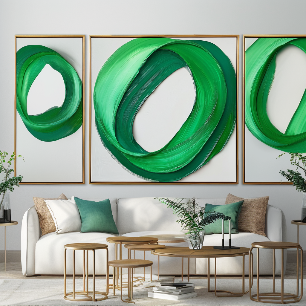 Abstract green and white textured painting with flowing green curves on a white background