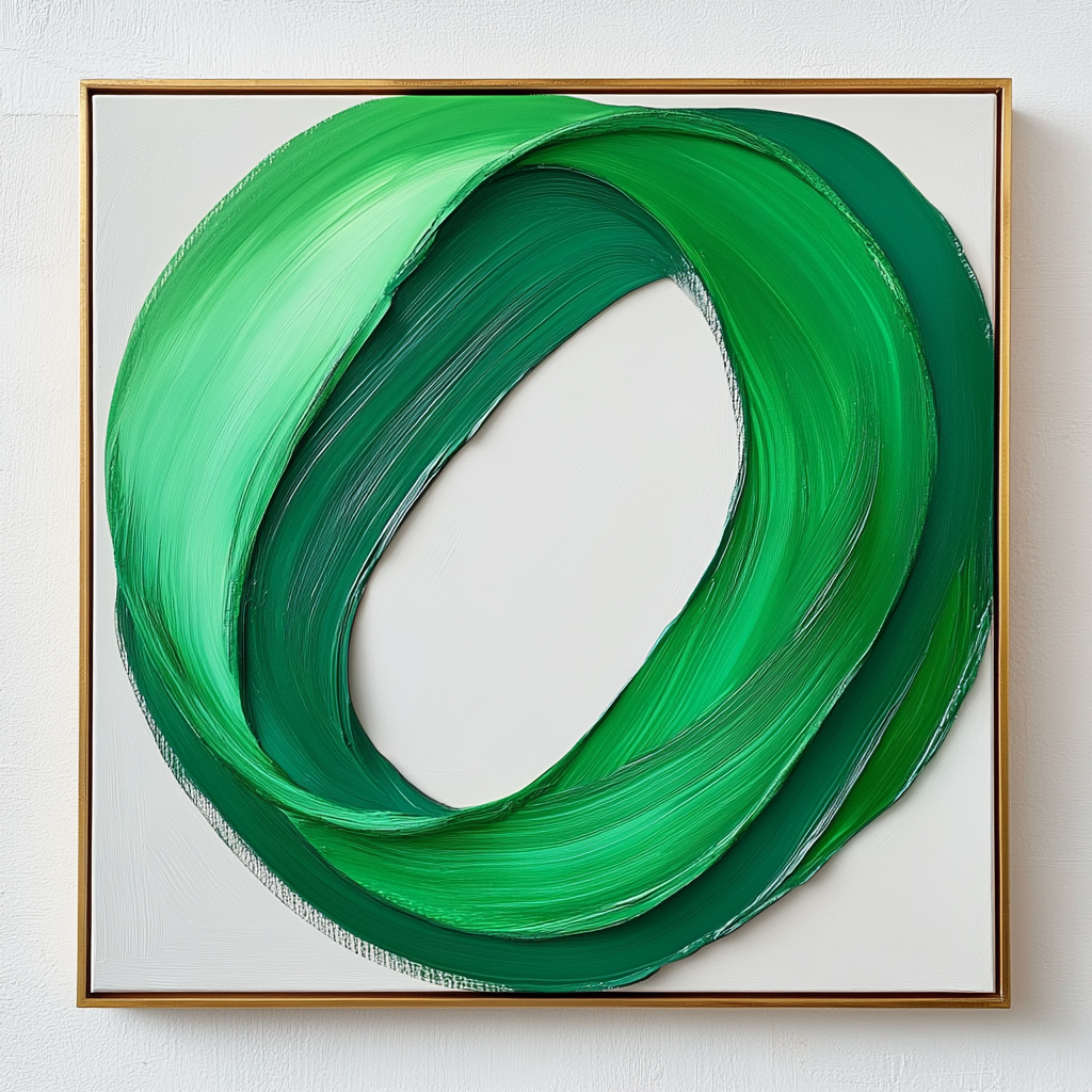 Abstract oil painting of walking figures on green and beige fields with textured brushstrokes