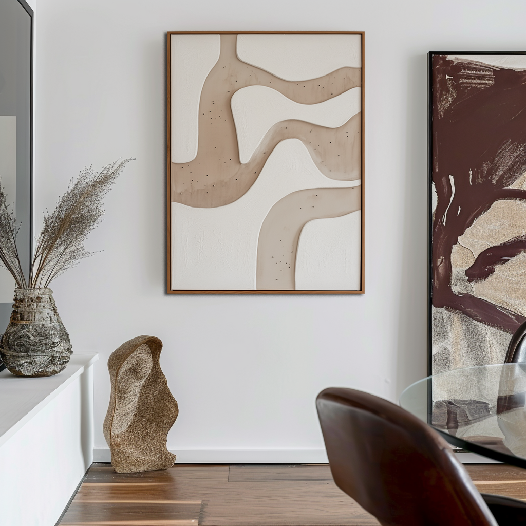 Abstract minimalist painting with textured flowing lines in beige and white