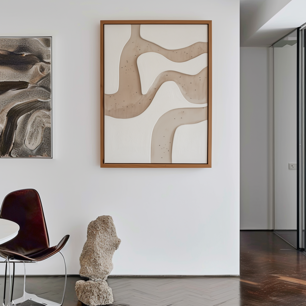 Abstract minimalist painting with textured flowing lines in beige and white