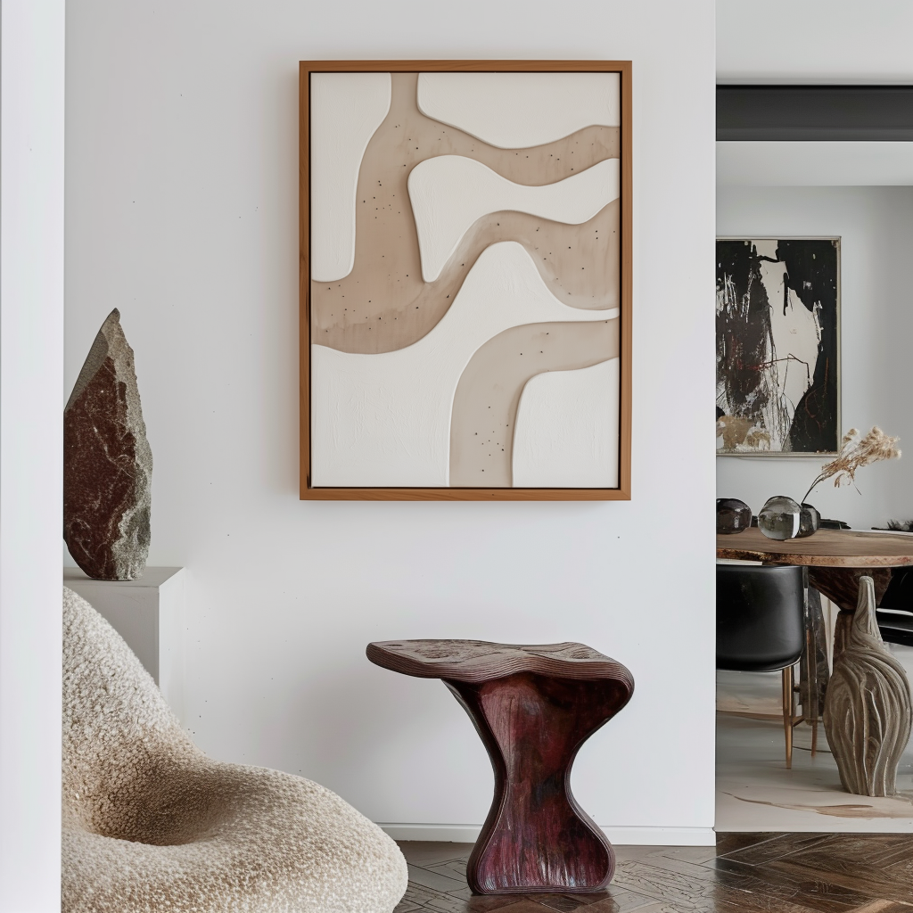Abstract minimalist painting with textured flowing lines in beige and white