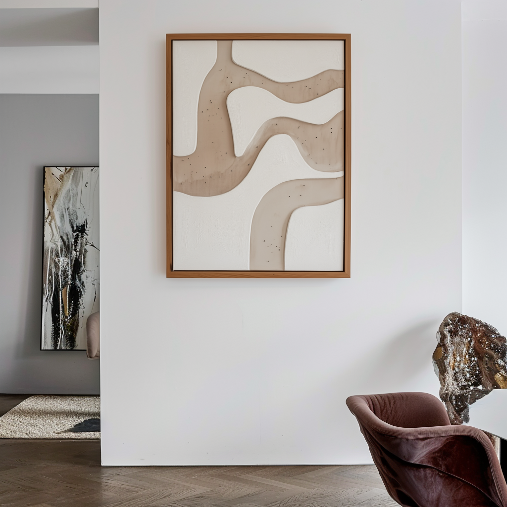 Abstract minimalist painting with textured flowing lines in beige and white