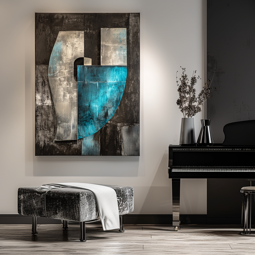 Blue and gray geometric abstract painting with curved and rectangular shapes on dark textured background