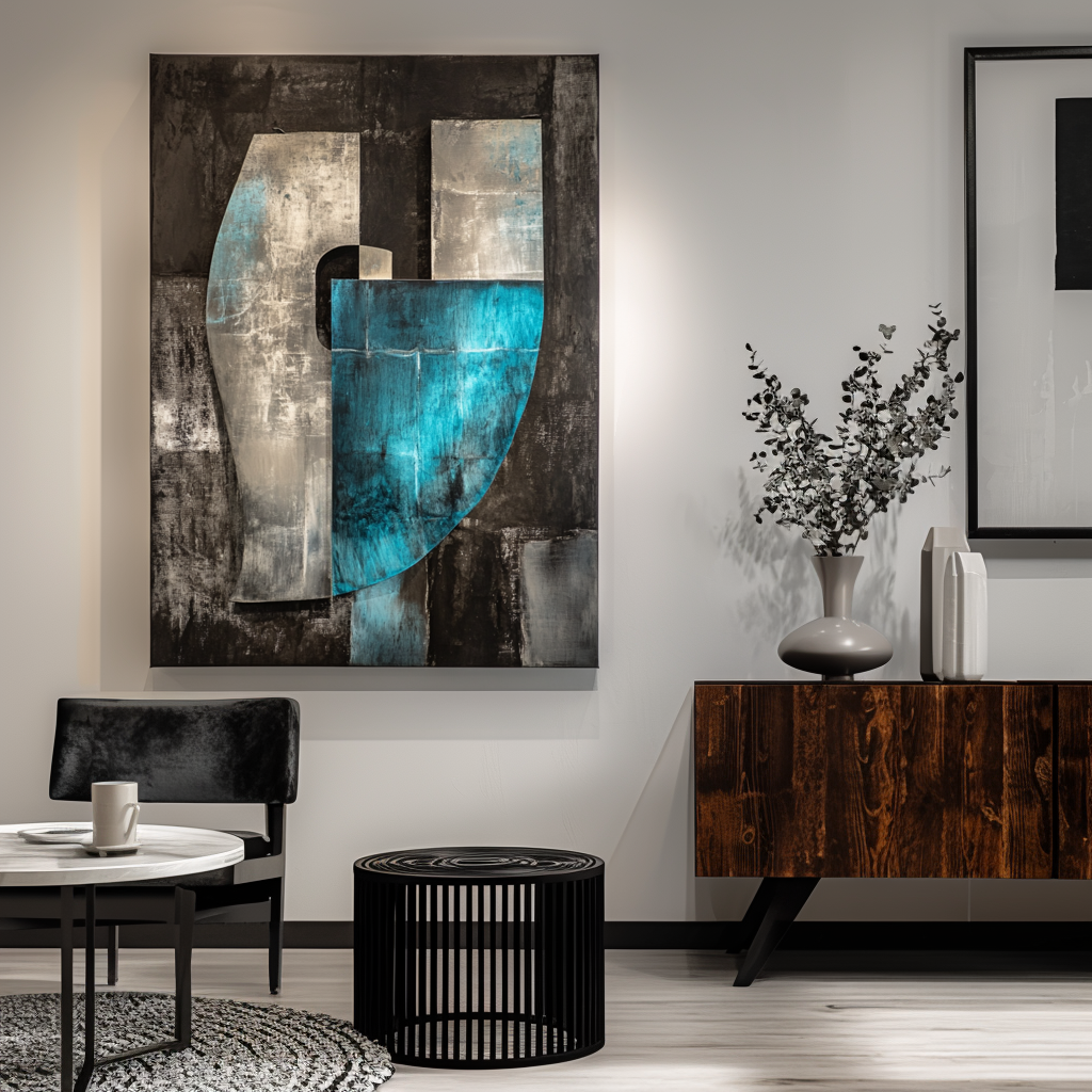 Blue and gray geometric abstract painting with curved and rectangular shapes on dark textured background