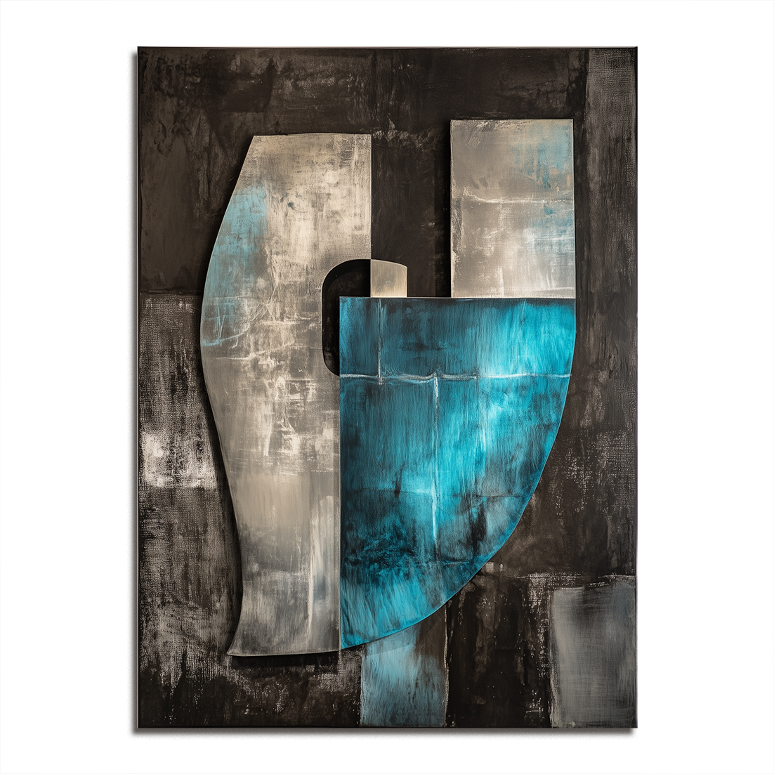 Blue and gray geometric abstract painting with curved and rectangular shapes on dark textured background
