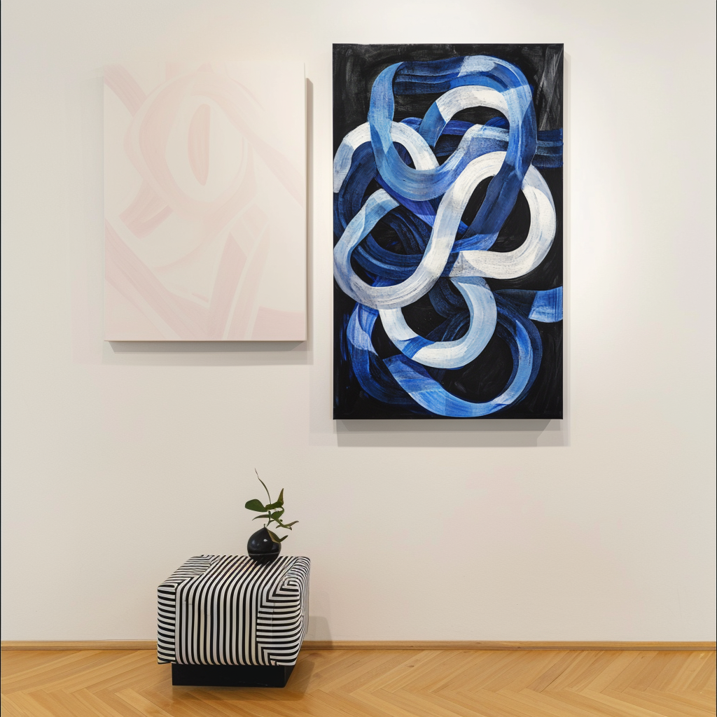 Blue and white abstract painting with flowing intertwined brushstrokes on a dark background