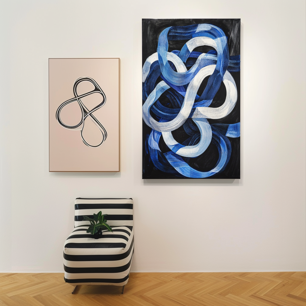 Blue and white abstract painting with flowing intertwined brushstrokes on a dark background