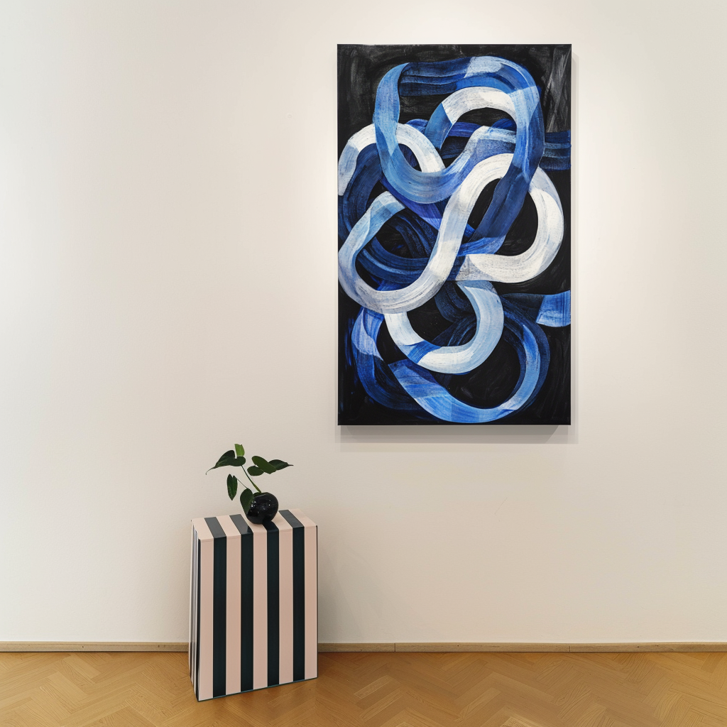 Blue and white abstract painting with flowing intertwined brushstrokes on a dark background