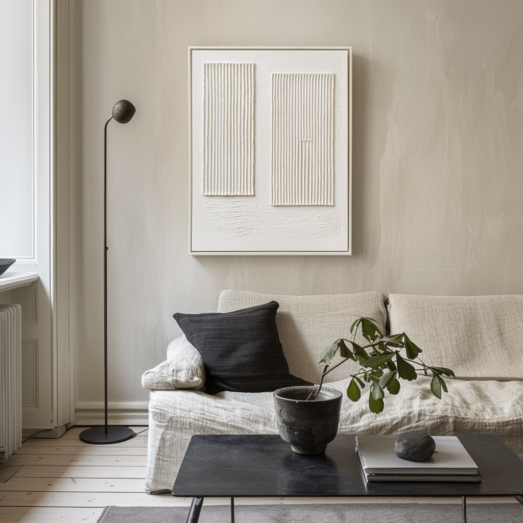 Minimalist white textured painting with vertical ridges and twin rectangular forms