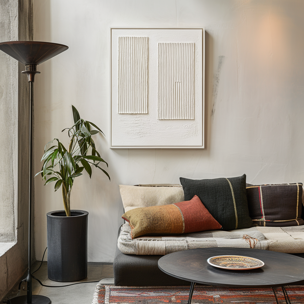 Minimalist white textured painting with vertical ridges and twin rectangular forms