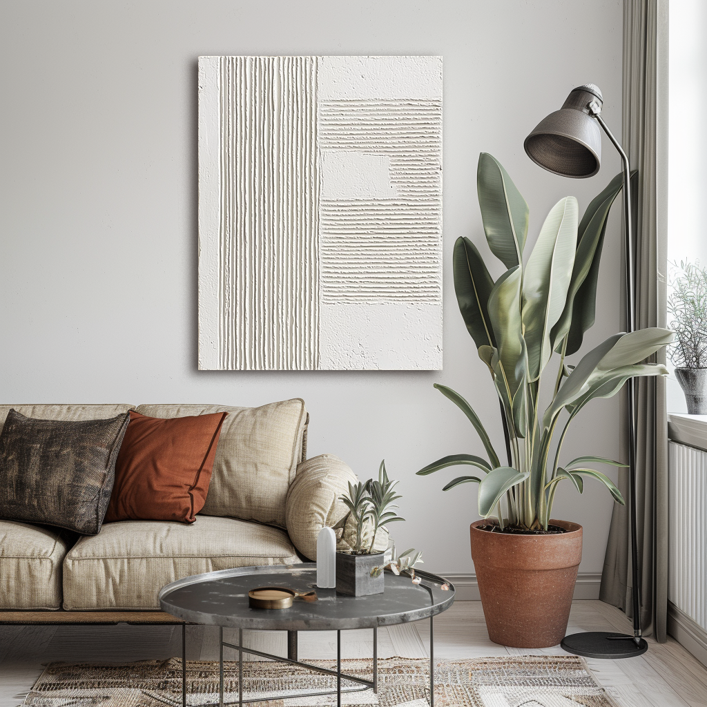Minimalist white textured painting with vertical and horizontal ridges, Wabi-Sabi wall art