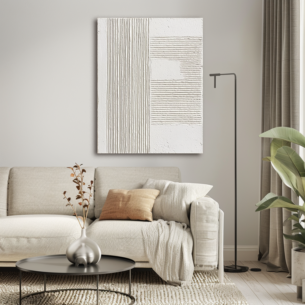 Minimalist white textured painting with vertical and horizontal ridges, Wabi-Sabi wall art