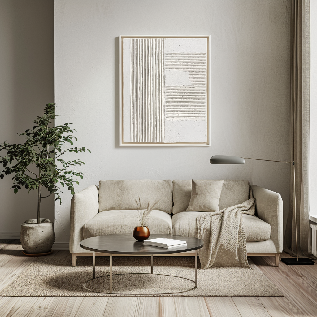 Minimalist white textured painting with vertical and horizontal ridges, Wabi-Sabi wall art