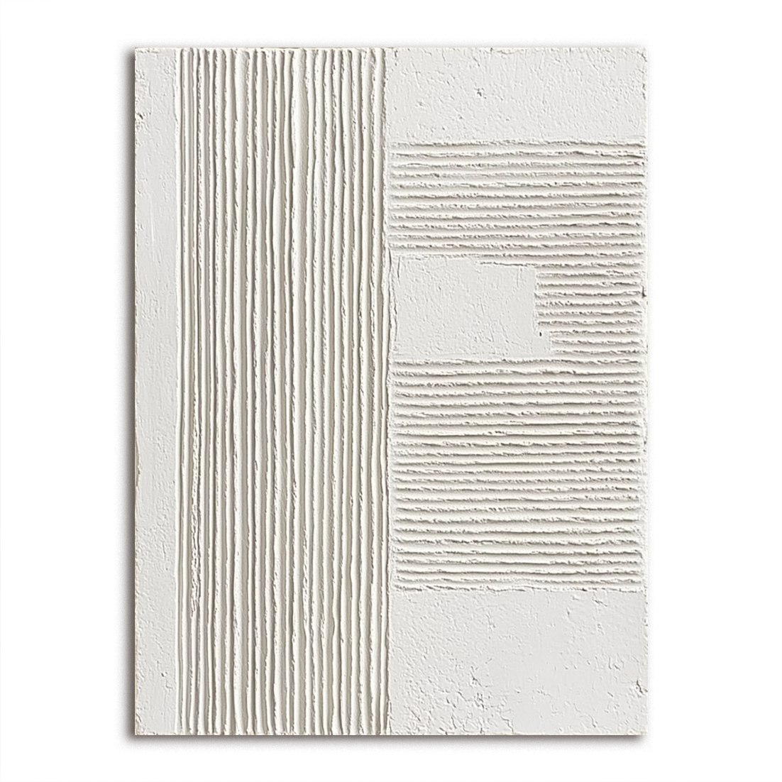 Minimalist white textured painting with vertical and horizontal ridges, Wabi-Sabi wall art