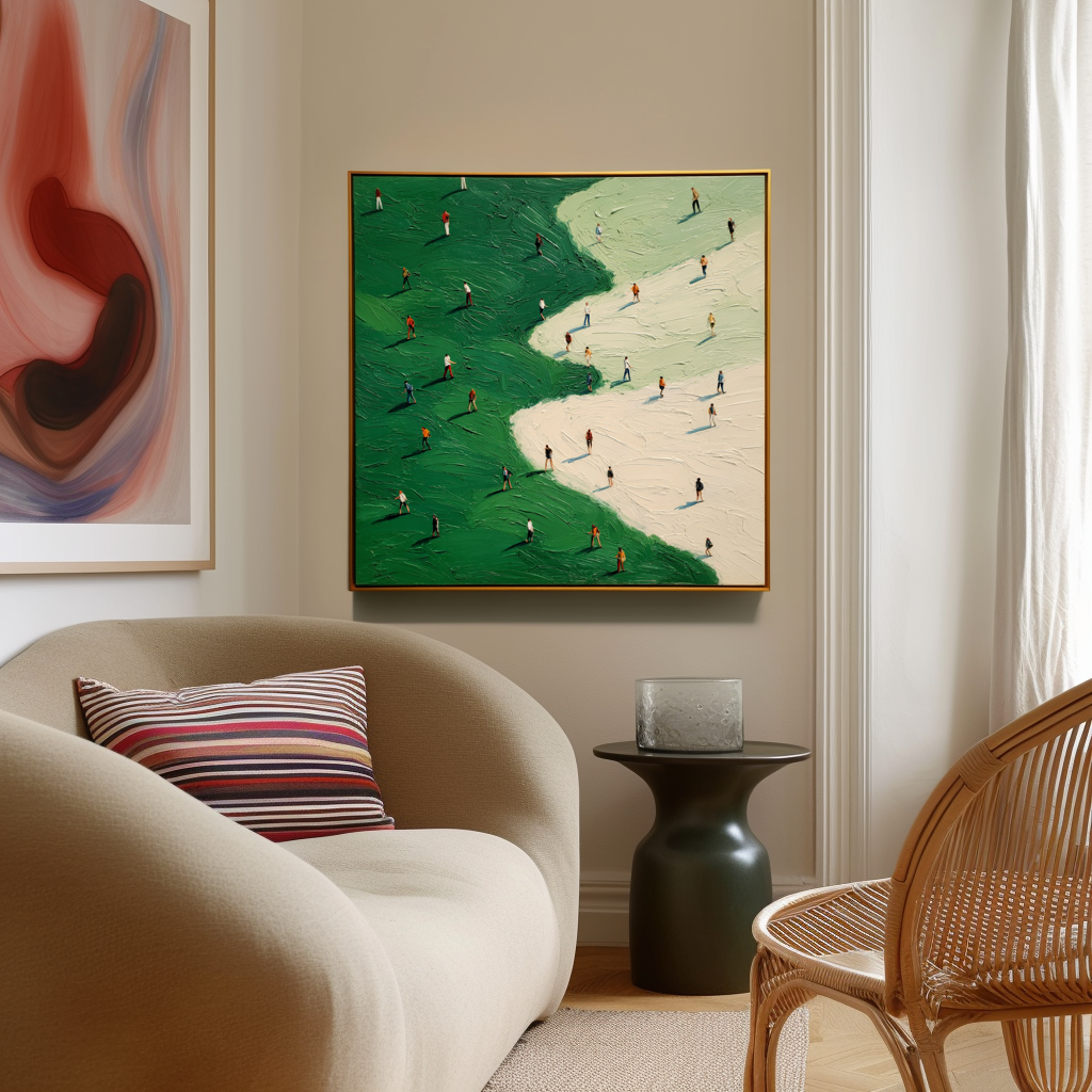 Abstract oil painting of walking figures on green and beige fields with textured brushstrokes