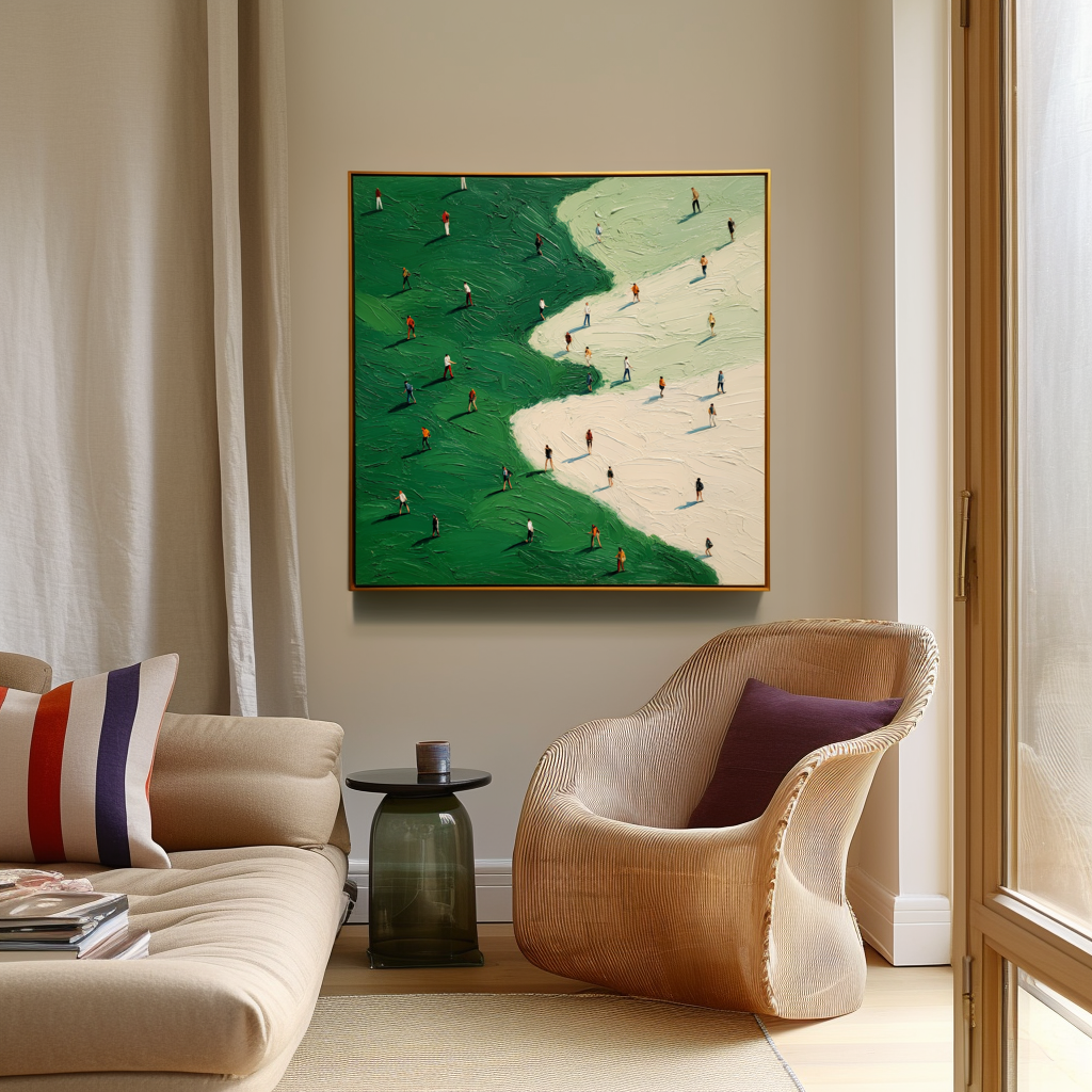 Abstract oil painting of walking figures on green and beige fields with textured brushstrokes