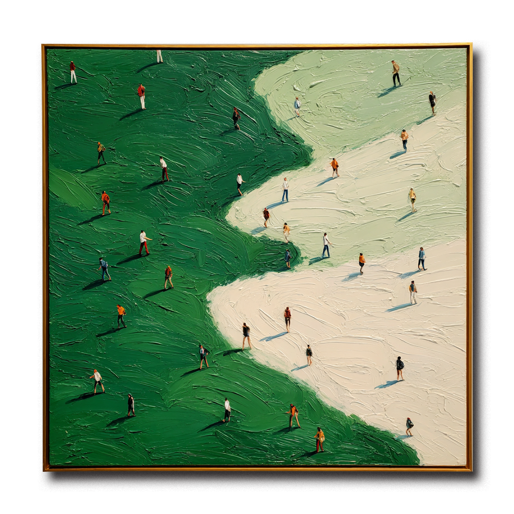 Abstract oil painting of walking figures on green and beige fields with textured brushstrokes