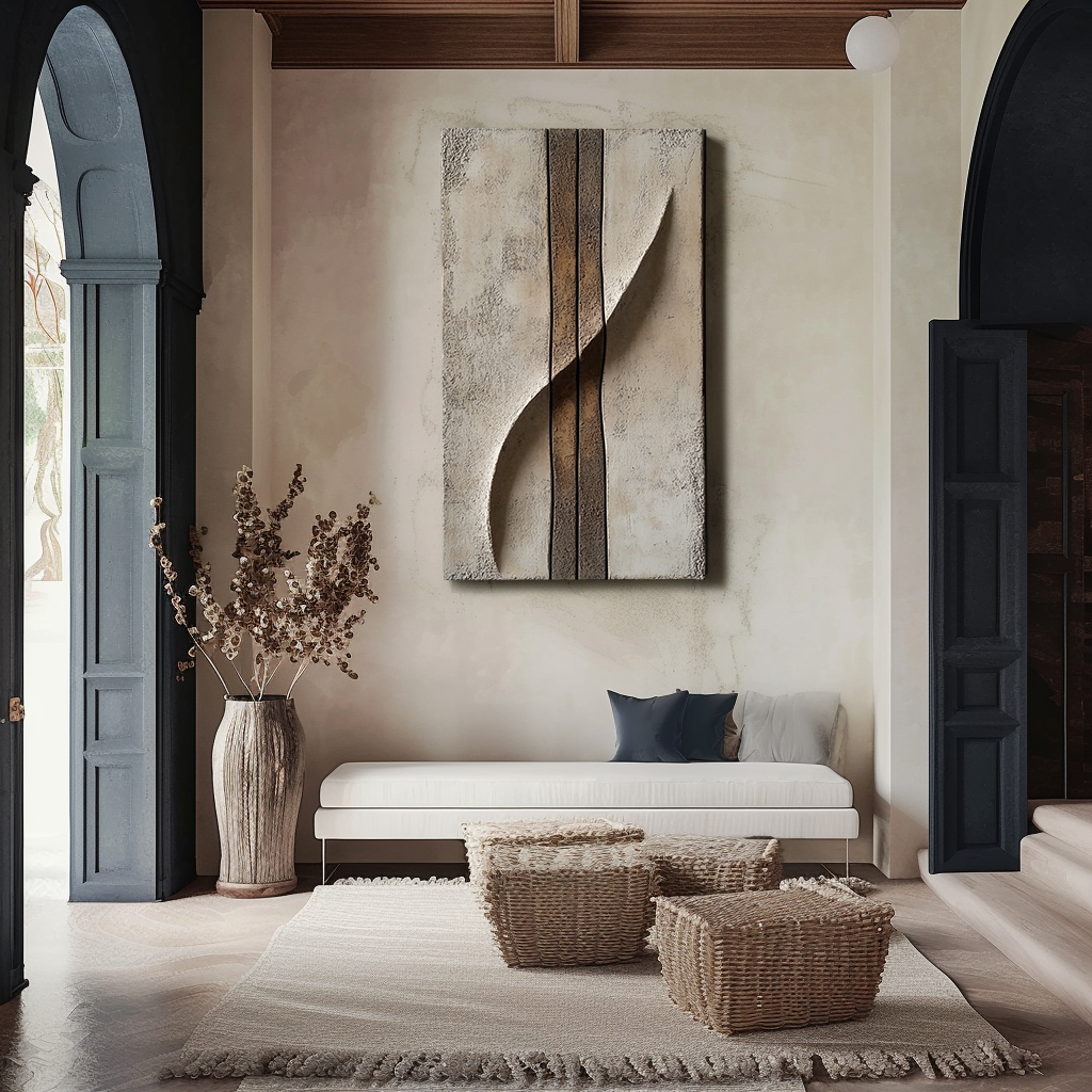 Textured abstract painting with vertical carved lines and soft neutral tones, minimalist wall art