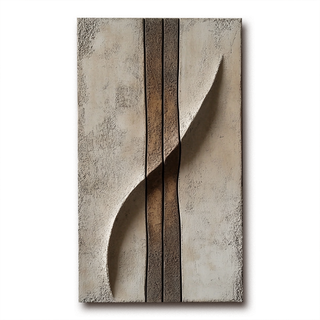 Textured abstract painting with vertical carved lines and soft neutral tones, minimalist wall art