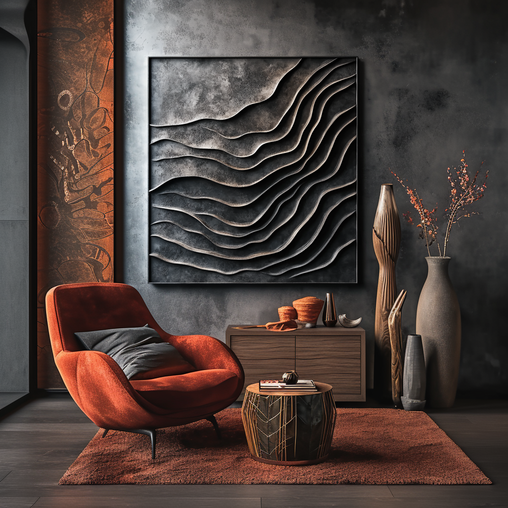 Abstract metallic painting with layered waves and textured curves in bronze and charcoal