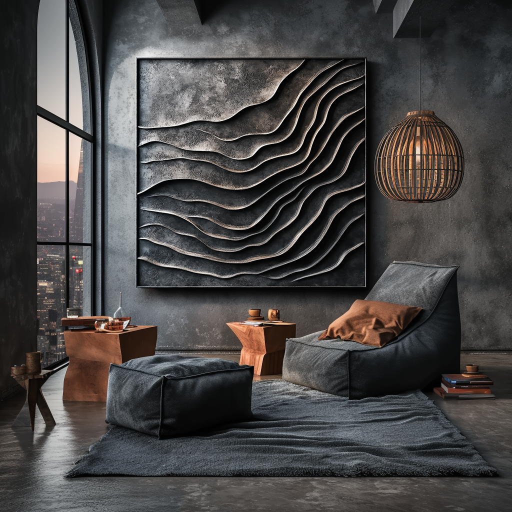 Abstract metallic painting with layered waves and textured curves in bronze and charcoal
