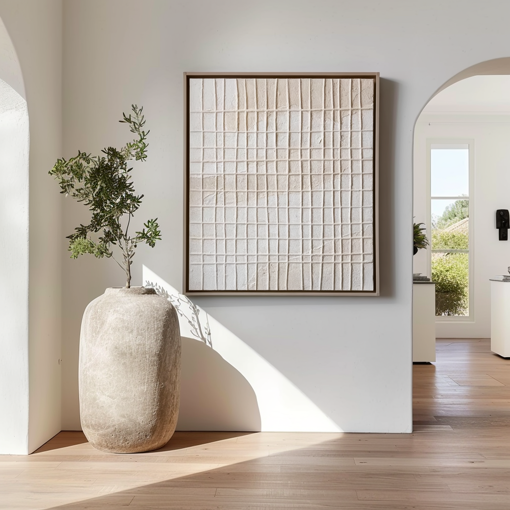 Minimalist abstract painting with textured white grid pattern, modern wall art