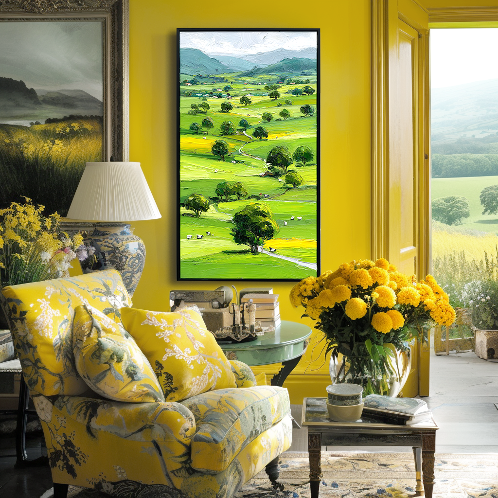 Abstract green landscape painting with rolling hills, trees, and distant mountains, featuring textured brushstrokes