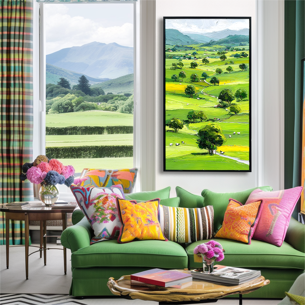 Abstract green landscape painting with rolling hills, trees, and distant mountains, featuring textured brushstrokes