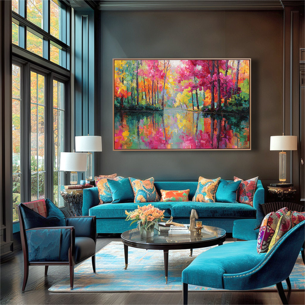 Abstract painting of colorful autumn trees and their reflections in a peaceful water body