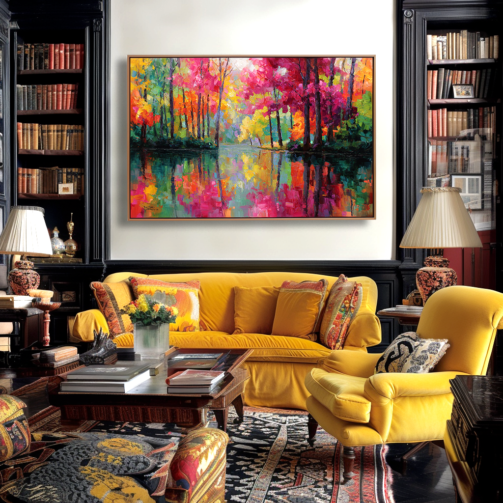 Abstract painting of colorful autumn trees and their reflections in a peaceful water body